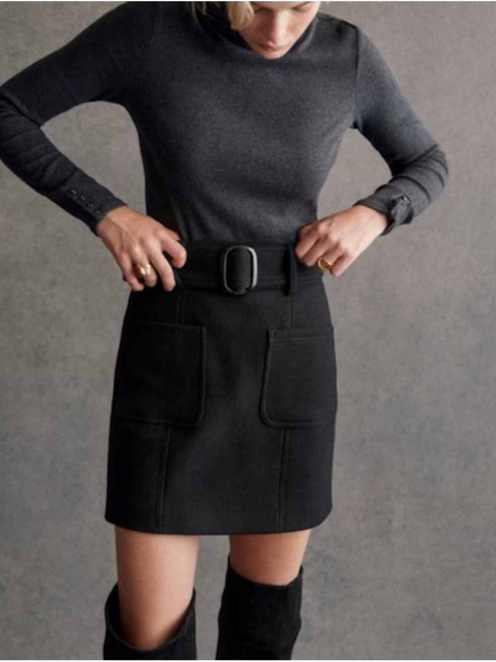 SEZANE Gillie Skirt Black Size 36 US 4 Wool Mini Button Front Belted Parisian
